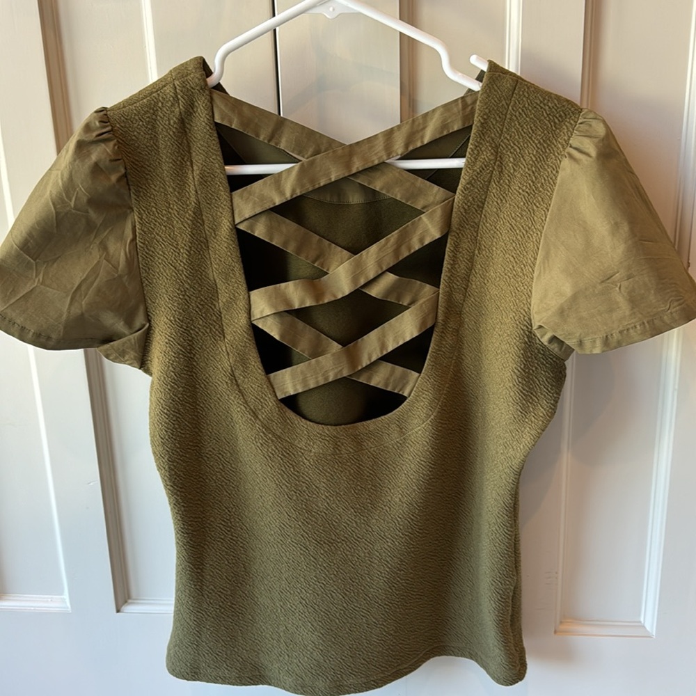 Anthropologie Olive Green Crisscross Back Short Sleeve Top